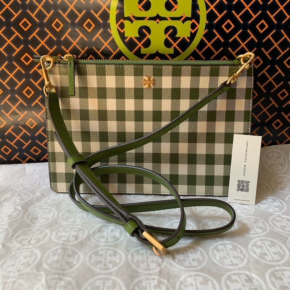 Tory Burch Blake Printed Double Zip Slim Crossbody Springham Green gingham